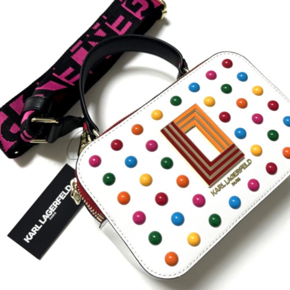 NWT $230 Karl Lagerfeld Simone Crossbody Top Handle – White Multi Stud Logo - Picture 2 of 8